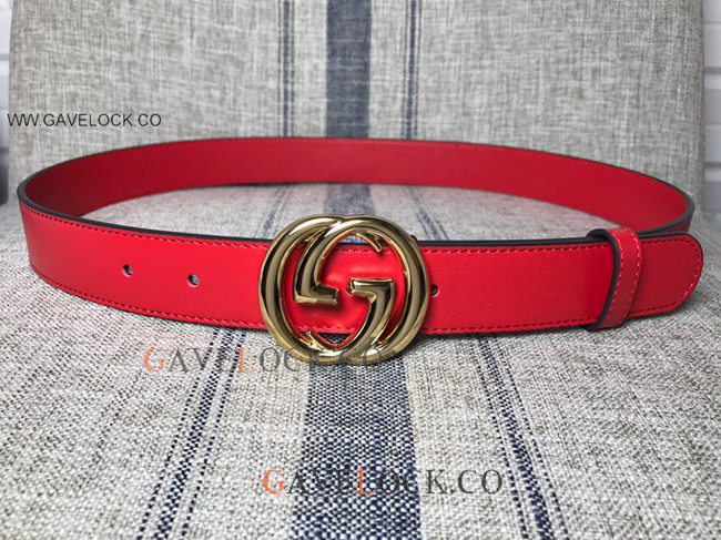 Upscale Gucci Red Leather Belt Double Sided Brass GG Buckle